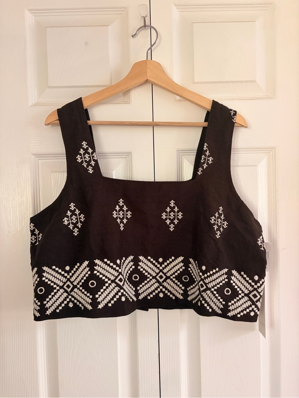 Calypso St. Barth Brown Crop Top with White Embroidered Geometric Motifs